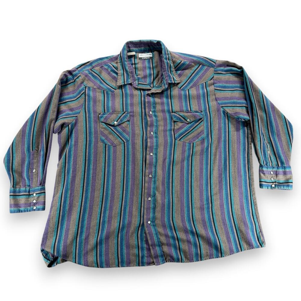 Vintage Karman Western Shirt Adult 4XL XXXXL Purple Herringbone Pearl Snap 90s